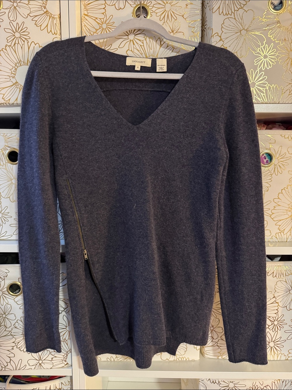 Inhabit Charcoal V-Neck Sweater with Side Zip 100% Cashmere